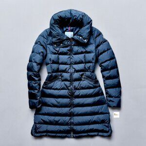 Moncler Women's Black Flammette Fitted Long Down Coat, Size 1